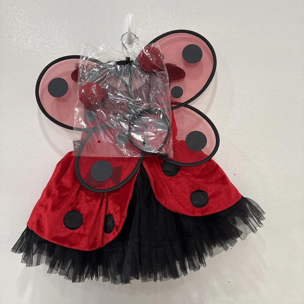 Fairy Dust Ladybug Costume Girls Red Black New‎ Dress Wings Headband Set
